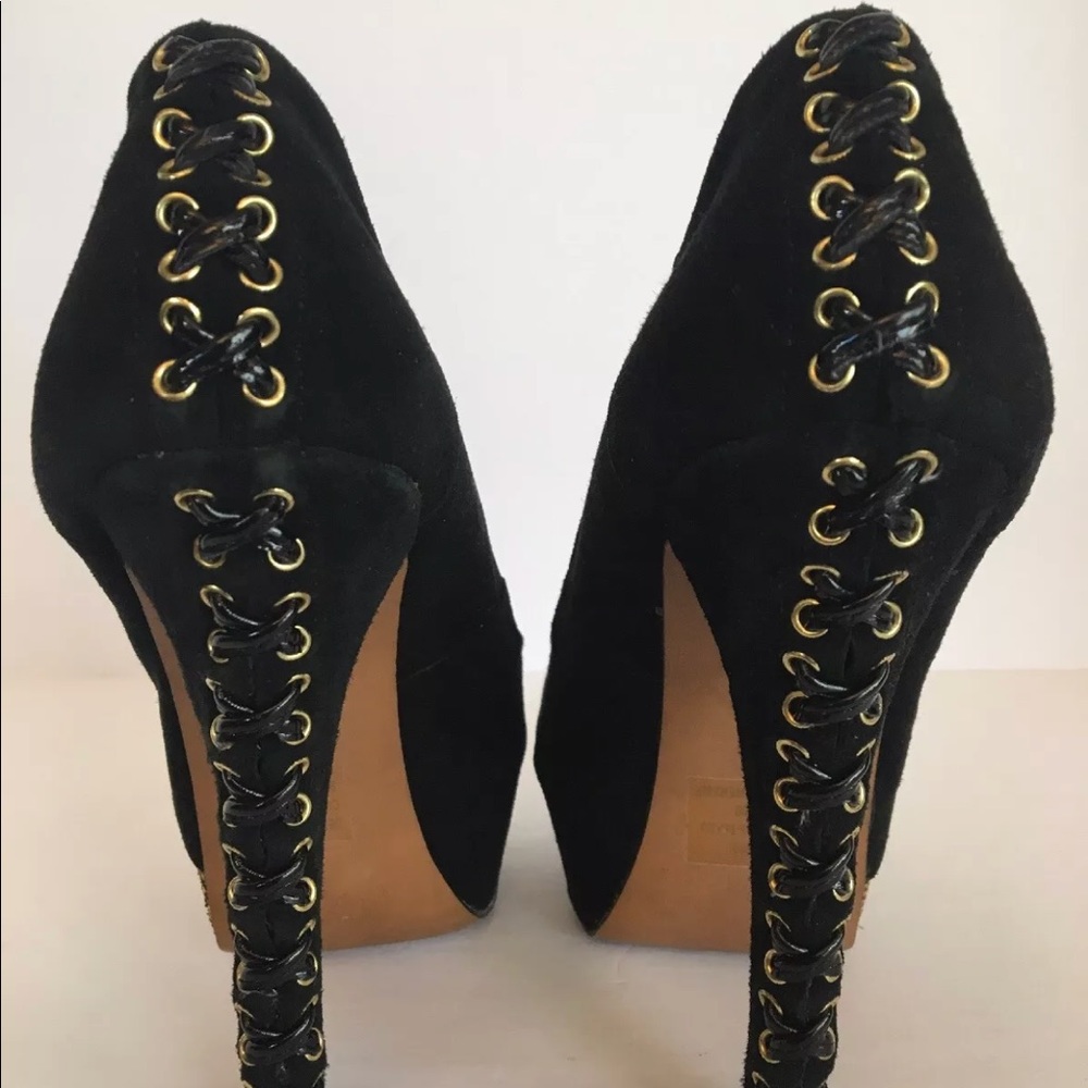 Wild Pair black suede gold mesh peep toe heels 7.5 - Picture 3 of 8